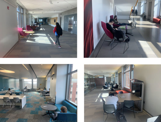 4 foto's met de gangen van het LINC. Overal zijn zitjes en tafels met stoelen neergezet en zitten studenten te studeren en samen te werken. 