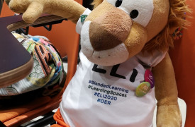 Mascotte Ed, leeuw, in zijn rompertje voorzien van SURFlogo en ELI 2020