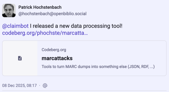 A typical on Mastodon in which a researcher claims a contribution