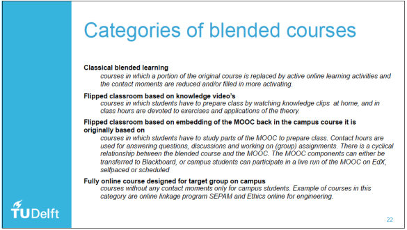 Slide met categorieën van blended courses