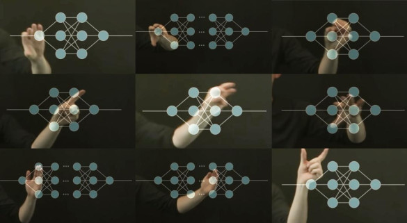Nine small images with schematic representations of differently shaped neural networks, a human hand making a different gesture is placed behind each network.