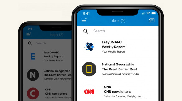 Visuele voorbeelden van een emailclient met of zonder BIMI logo's