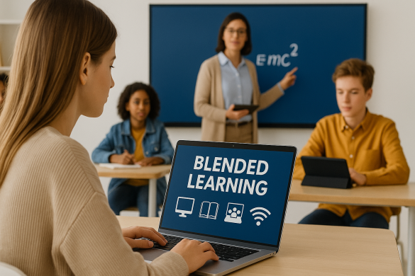 Algemene afbeelding van een student met een laptop in een klaslokaal