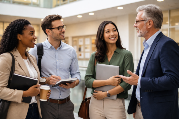 People having a conversation in an academic setting