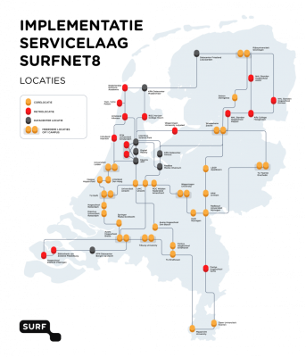 Nederlandse kaart met core- metro- en campuslocaties