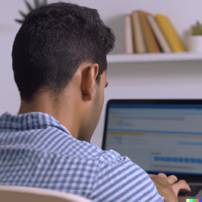 man die naar zijn laptop kijkt en aan het typen is