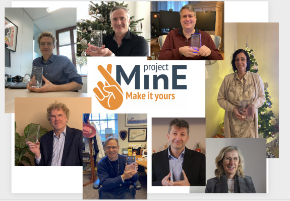 The prize recipients on behalf of Project MinE: from top left to the right: Philip van Damme, Jan Veldink, John Landers, Evy Reviers, Orla Hardiman, Ammar Al-Chalabi, Jonathan Glass and Leonard van den Berg