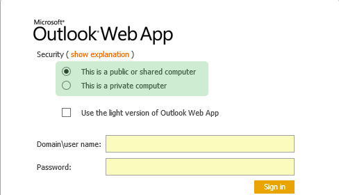Radio buttons offering a choice between "public/shared" and "private" computer preceding the username field