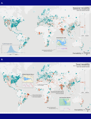 Figure 1: Overview of the reservoirs included in the database and their surface water area dynamics