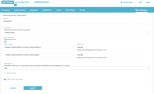 voorbeeldscherm van de ‘Create SN8 Lightpath’ workflow