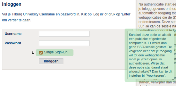 Checkbox "Single Sign On" below the password field with an expanded information popup