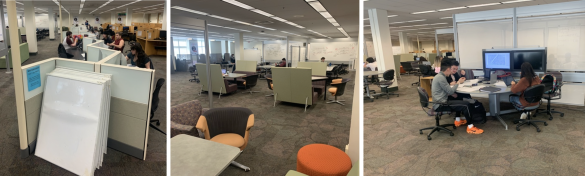 3 foto's in de bibliotheek van OSU met individuele studieplekken en tafels waar je in groepen samen kunt werken. Op alle foto's zie je veel whiteboards. 