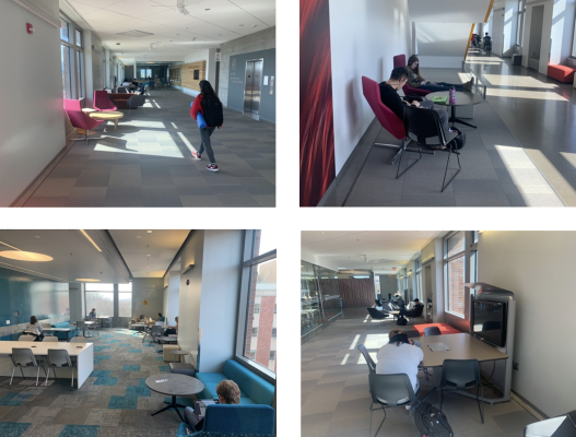 4 foto's met de gangen van het LINC. Overal zijn zitjes en tafels met stoelen neergezet en zitten studenten te studeren en samen te werken.