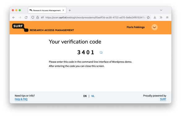 SURF Research Access Management webpage with verification code
