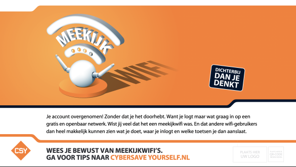 Afbeelding van een router met daarboven de tekst wees je bewust van meekijk wifi's. Ga voor tips naar cybersaveyourself.nl