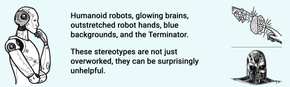 Afbeelding van wat cliches rondom AI beeldvorming, zoals gloeiende hersenen en terminator.