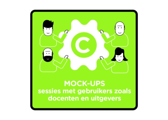 Illustratie met tekst "Mock-ups: sessies met gebruikers zoals docenten en uitgevers