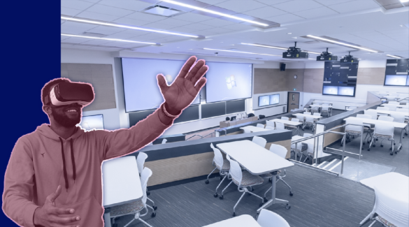 Docent met een VR-bril voor een collegezaal.