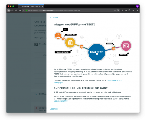 Screenshot van uitleg over SURFconext binnen het informatiescherm