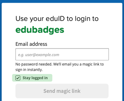 Checkbox "Stay Logged In" below the email address field in eduID