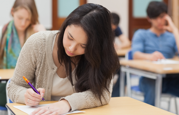 Een studente is geconcentreerd bezig met een toets aan een afzonderlijk tafeltje. Ze is omringd door andere studenten die ook een toets aan het maken zijn 