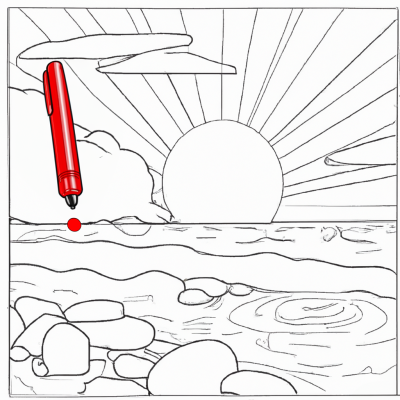 landscape of the beach during a sunset, colouring-in sheet with red pen and red dot on the horizon