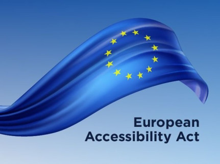 Een blauwe golvende vlag met daarop een cirkel van gele sterren, het symbool van de Europese Unie. Daaronder staat de tekst: European Accessibility Act