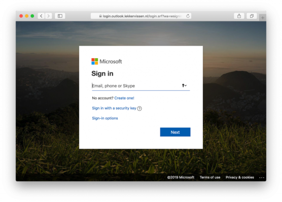 Screenshot van een phishing site voor Microsoft accounts