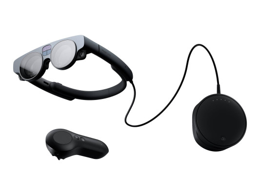 The magic leap 2 with compute puck and controller.