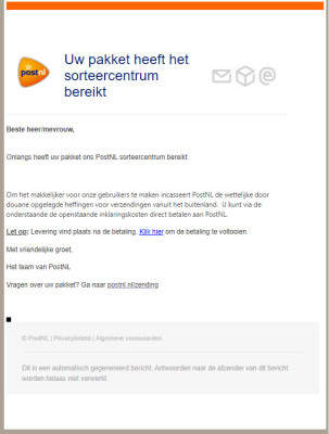 Voorbeeld van een phishingmail voor een postpakket