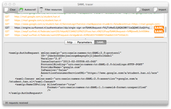 Screenshot of SAML tracer