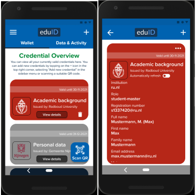 Image of the potential home screen and credential inspection screen within a potential eduID app