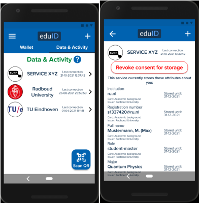 Illustration of the Data & Activity screens within the eduID app