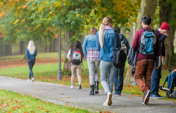 een groep jonge mensen die over een pad langs bomen in een park lopen,  De scene straalt een ontspannen, studentikoze sfeer uit