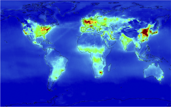 Wereldkaart met NO2 concentraties
