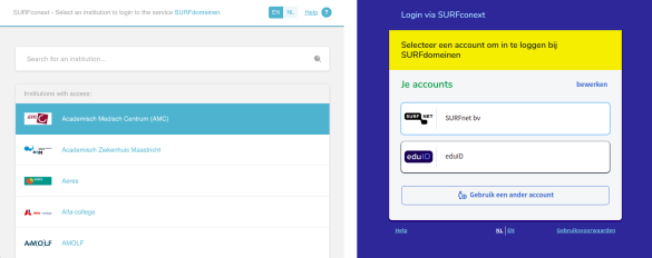 Twee schermafbeeldingen van het instellings-selectiescherm van SURFconext (oud en huidig). De oude heeft een veel lager contrast en dan de nieuwe.