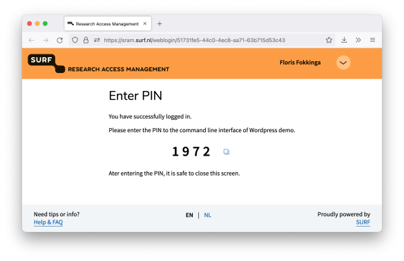 SURF Research Access Management webpage with PIN