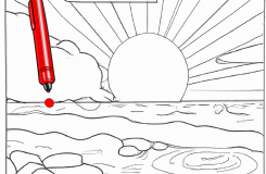 landscape of the beach during a sunset, colouring-in sheet with red pen and red dot on the horizon