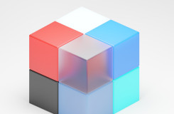 een kubus die bestaat uit 8 gekleurde kleinere kubussen, een beetje zoals de Rubiks kubus.