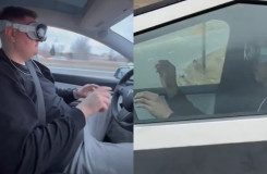 Twee voorbeelden van mensen met een VR bril achter het stuur