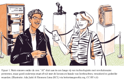 Twee personen praten met elkaar. Eén heeft een device in de hand waarop het logo van ChatGPT te zien lijkt. In de achtergrond staan andere revolutionaire technologieën: een jukebox, een mainframe, een stethoscoop of iets dergelijks.