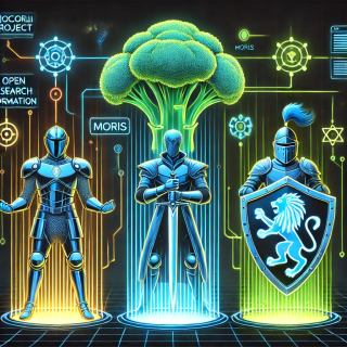 Illustration styled like TRON, showing the collaboration between BROCCOLI, MORIS, and DURF to achieve open research information.