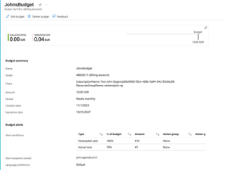 Screenshot van budgetconfiguratie in Azure cost management