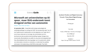ScienceGuide| 23 september 2025| Microsoft zet universiteiten op AI-spoor, maar RUG-onderzoek toont dreigend verlies van autonomie 