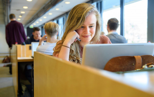 Studente kijkt op haar laptop